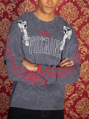 Disney Gray Wash Villains Long Sleeve Tee with Red Sleeve Flames